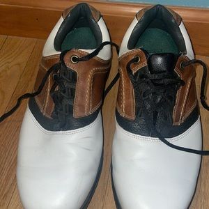 FootJoy Golf Shoes Men Size 9W Brown & White Leather Saddle Soft Spikes